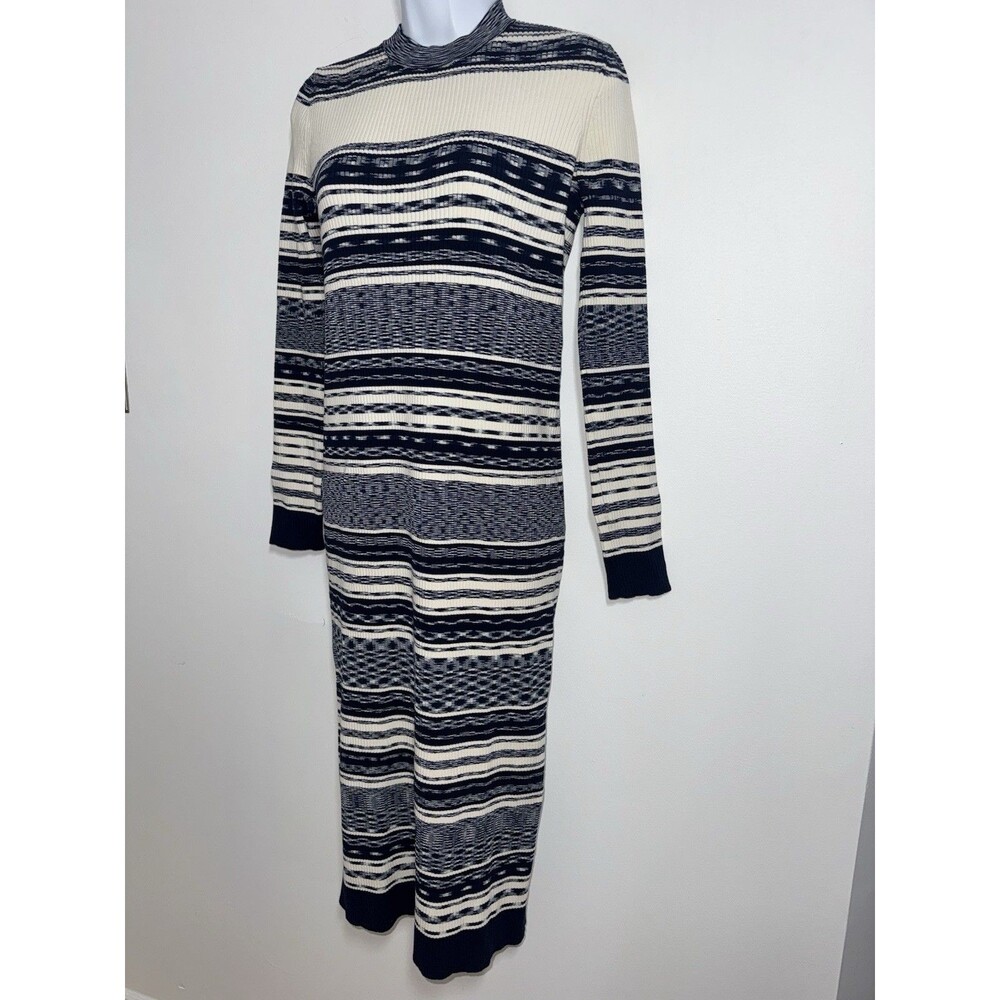 $395 Tory Burch Julie Ribbed Cotton Blend Mixed Stripe Midi Dress Navy Women XS - Picture 2 of 8